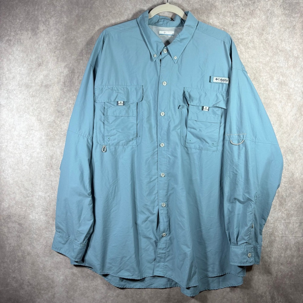 Columbia Fishing Shirt Men‎ XXL Blue Bahama II Long Sleeve PFG Omni-Shade Vented